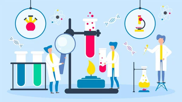 Bilim laboratuarı vektör çizimi. Kimyasal araştırmalar yapan insanlar ilaç endüstrisi için. — Stok Vektör