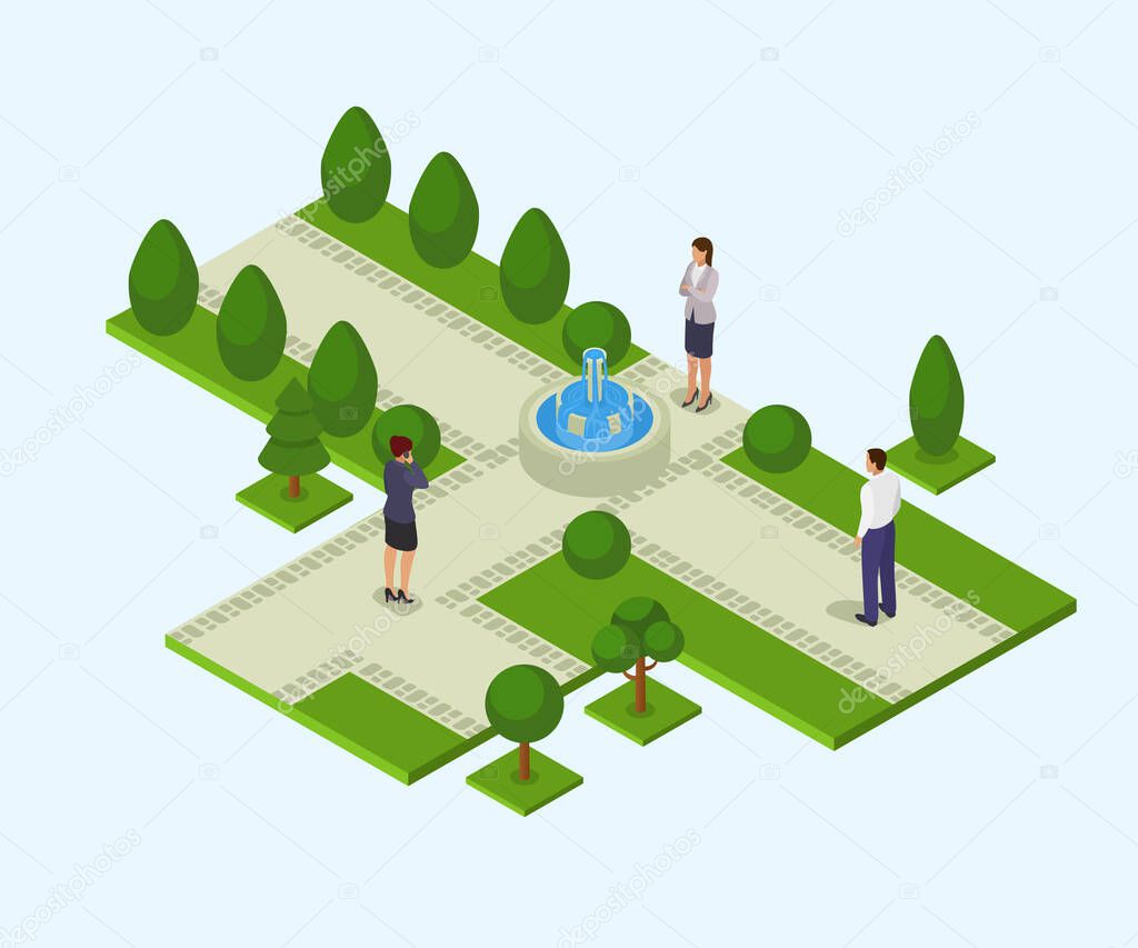 Park with fountain vector illustration isometric isolated. Different people man women in business clothes in park.