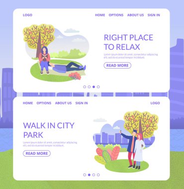 Şehir parkı karakteri dinlenmek için doğru yer ve erkek ve kadın yürüyen web pankartları düz vektör illüstrasyonunu ayarladı.