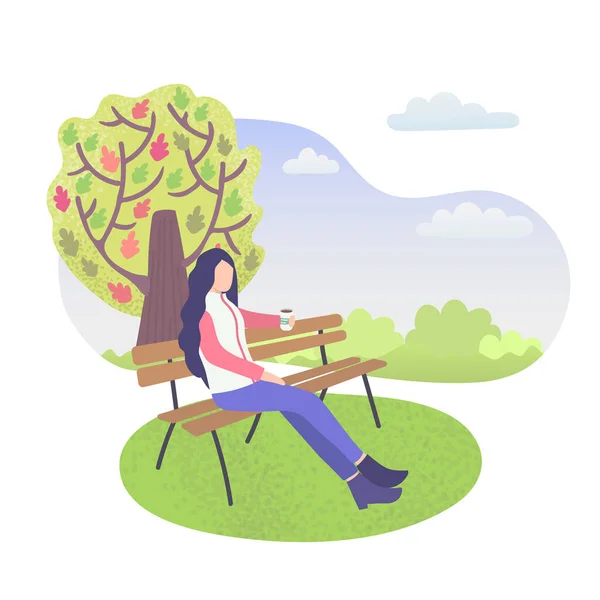 City Park postava dívka sedí na lavičce izolované na bílém plochém vektoru ilustrace. — Stockový vektor