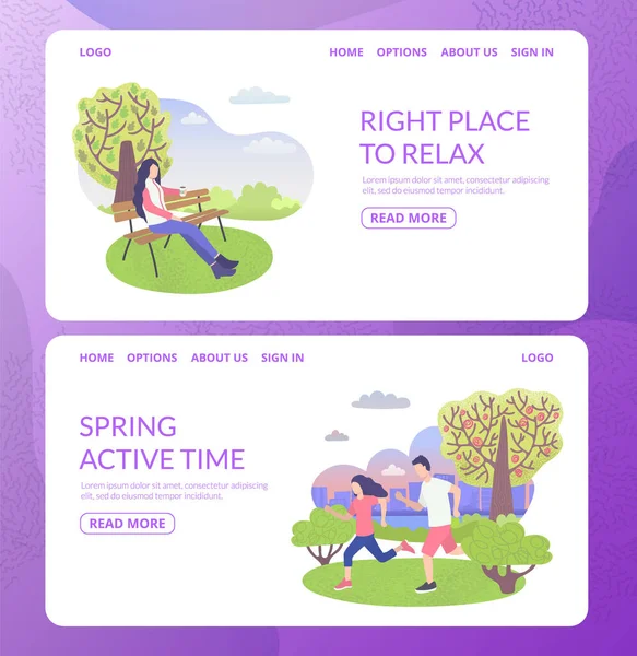 Personagem do parque da cidade lugar certo para relaxar e esporte com homem e mulher ativo esporte tempo web banners conjunto plana vetor ilustração . — Vetor de Stock