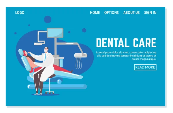 Diş bakımı ve diş hekimliği web sayfası şablonu. Sandalyede oturan doktor ve hasta sağlıksız diş vektörü örneklerini iyileştiriyor.. — Stok Vektör