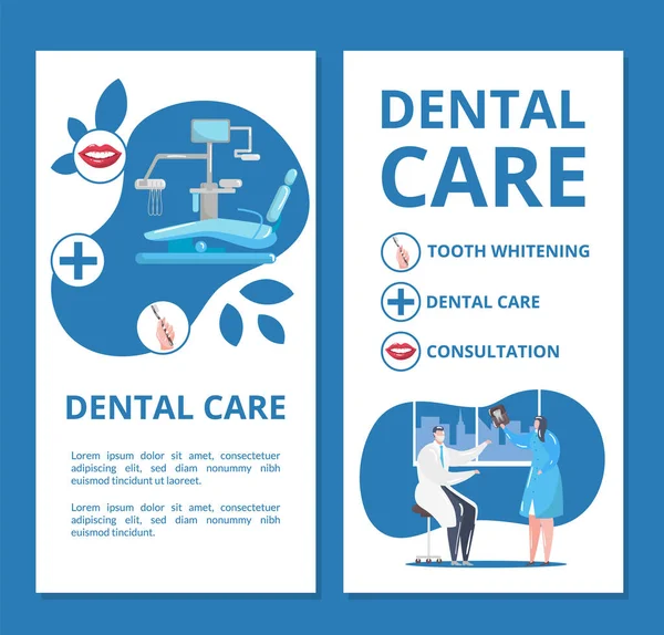 Bannières de soins dentaires et de dentisterie avec des médecins dans une clinique stomatologique faisant des radiographies dentaires et de l'équipement dentaire illustration vectorielle . — Image vectorielle