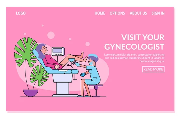 Gynecological examination line art vector illustration for website template. — Stock Vector
