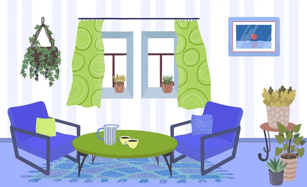 Soggiorno interno con piante in vaso, poltrone, tavolo e finestra con tende casa giardino piatto vettoriale illustrazione . — Vettoriale Stock