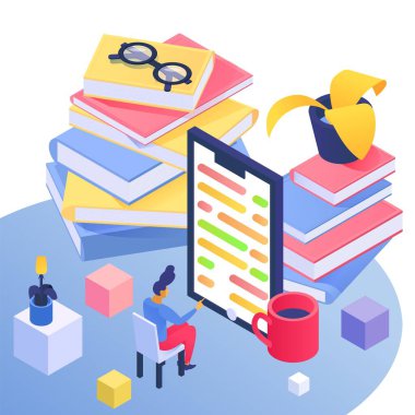 Çevrimiçi eğitim kavramı eğitimi ve mobil uygulamalarda öğrenme, tabletli büyük kitaplar ve küçük insanların izometrik vektör çizimi.