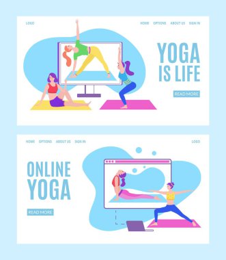 Meditasyon yapan kızlarla çevrimiçi yoga yapmak fiziksel egzersizler yapmak ve tablet veya dizüstü bilgisayarla online dersler izlemek, düz web vektör çizimi.