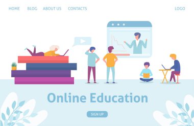 Çevrimiçi eğitim kavramı iş adamları eğitim ve öğrenme, tablet kareli büyük kitaplar ve küçük insanlar düz vektör çizimi.