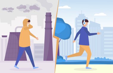 Kirlenmiş endüstriyel şehirde insanlar, solunum maskesi ile öksürüyorlar, sağlıklı temiz havaya karşı ekolojik olarak şehir düz vektör çizimlerini kurtarıyorlar..