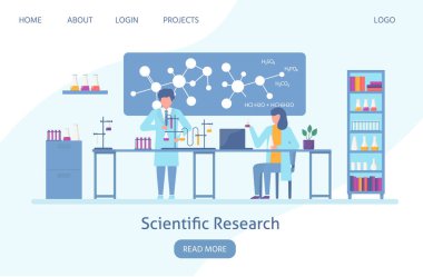 Bilimadamı, bilim insanları ve kimyasal formüller ile laboratuvar, kimyasal bilimsel araştırmalar. Web pankartı düz vektör illüstrasyonu..