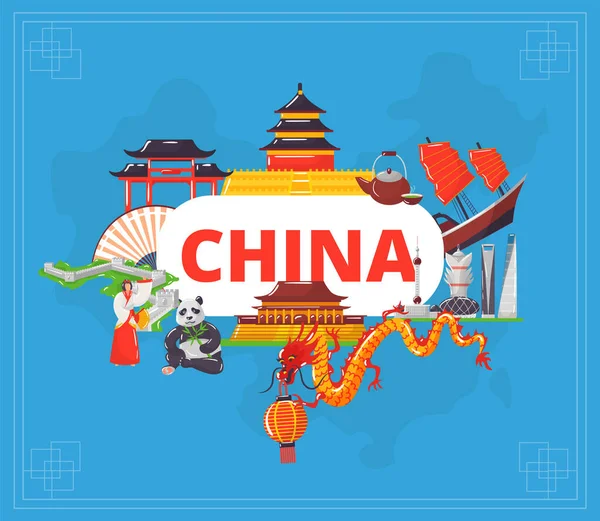 China viajar y aprender chino idioma y tradiciones dibujos animados vector ilustración . — Archivo Imágenes Vectoriales