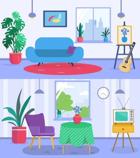 Woonkamer interieur banners set met bank, gitaar, planten in potten, fauteuils en tafel, raam met gordijnen gezellige huis vlakke vector illustratie. — Stockvector