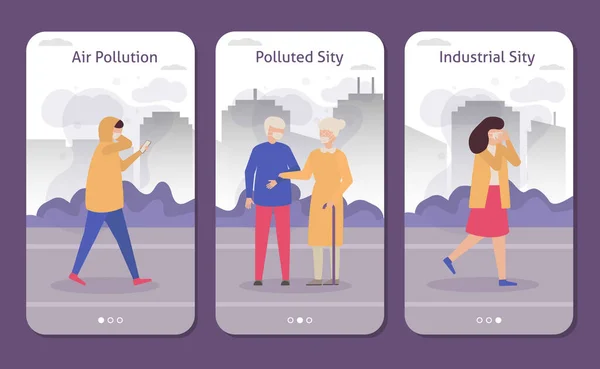 スモッグで汚染された工業都市の人々、バナーのマスクセットを身に着けている人々を咳、フラットベクトルイラスト. — ストックベクタ