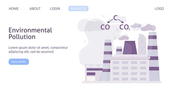 Ekologi förorenad industristad med kemisk formel luft polution platt web mall vektor illustration. — Stock vektor
