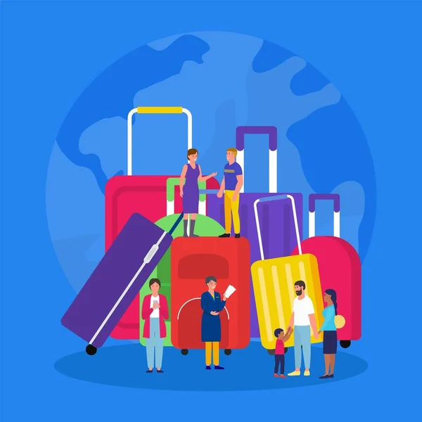 Cestovní zavazadla, prázdninové kufry s turisty drobní lidé cestovatelé ploché vektorové ilustrace. — Stockový vektor