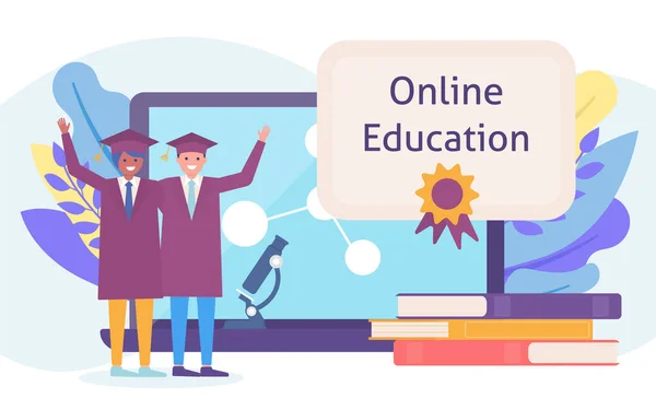 Students graduates in online education web learning, university studies flat vector illustration.