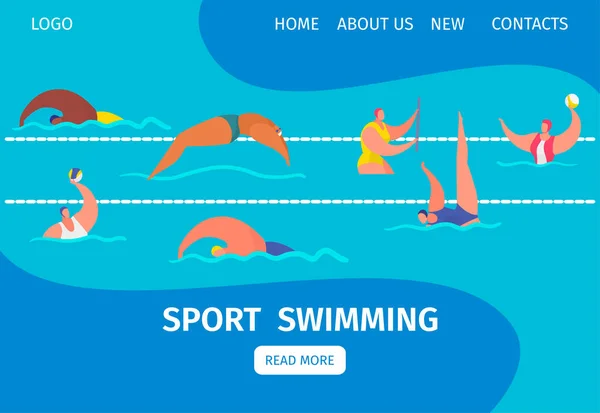 Swim sport web banner with people professional swimmers in swimming pool, cartoon vector illustration.