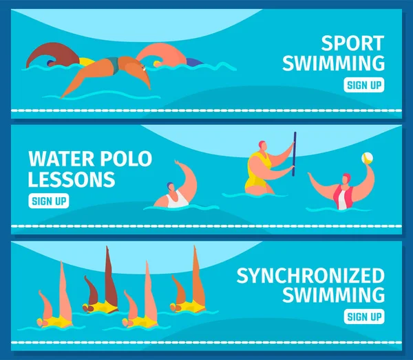 Pływanie sport z ludźmi profesjonalnych pływaków w basenie, web banery zestaw płaski wektor ilustracja. — Wektor stockowy
