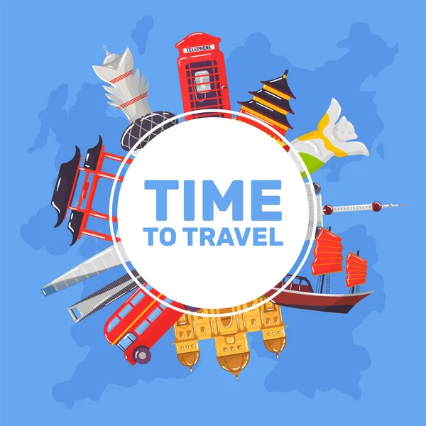 Cestovní plakát s ikonami zemí cestovního ruchu, cesta, výlet, prohlídka nebo letní dovolenou ikony vektorové ilustrace. — Stockový vektor