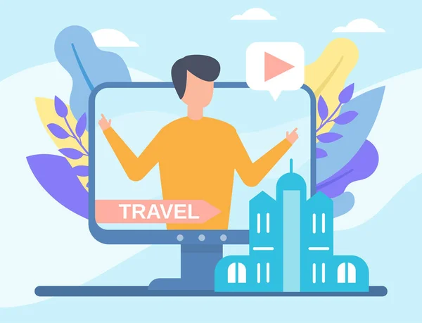 Video travelling blog in internet online vector illustration live video streaming, social media technologies. — Stock Vector