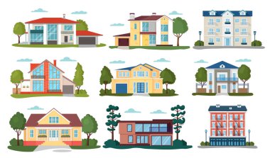 Modern ev vektör çizimleri, karikatür düz ev dairesi, konut binasının dış cephesi beyaz üzerine izole edilmiş ikonlar