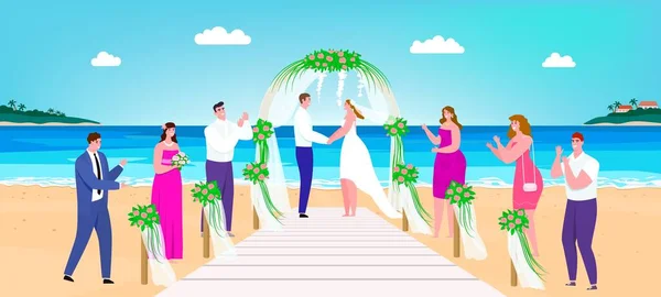 Wedding beach ceremony vector illustration, cartoon happy man woman couple characters getting married on tropical terrace — Stock Vector