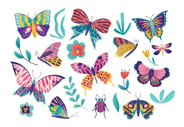 Schmetterling Motte Insektenvektor Illustrationsset, Cartoon Insekten Sammlung mit bunten fliegenden Schmetterlingen Gruppe, Käfer-Symbol isoliert auf weiß — Stockvektor