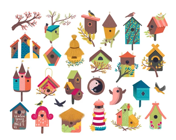Dekorativní ptačí dům vektor ilustrační set, kreslené roztomilé ptačí budky pro létající ptáky, roztomilé ptačí budky ploché ikony izolované na bílé — Stockový vektor