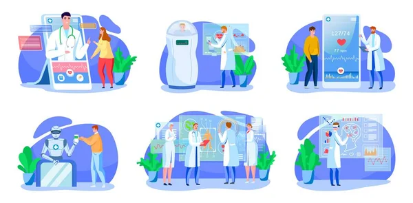 Ψηφιακή ιατρική διάνυσμα εικονογράφηση σετ, καρτούν ιατρική περίθαλψη με app γιατρό διαβούλευση, σύγχρονη τεχνολογία που απομονώνονται σε λευκό — Διανυσματικό Αρχείο