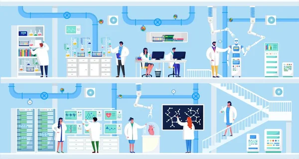 Ciência pesquisa em laboratório vetor ilustração, desenhos animados pessoas planas cientistas fazer experimento de laboratório, trabalho em computador, equipamentos de análise — Vetor de Stock