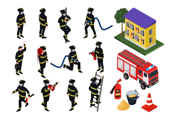 Isometric firefighter vector illustrations, cartoon 3d people in uniform with firefighting hose equipment set isolated on white — Stock Vector