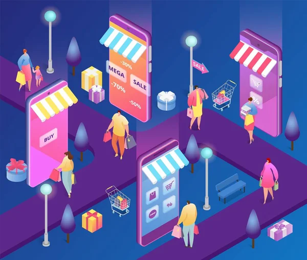Isometrische online winkelen mensen vector illustratie, cartoon 3d klant personages met shopper tas kopen in korting verkoop met behulp van smartphone — Stockvector
