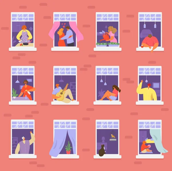 Vicini di casa persone in finestra vettoriale illustrazione, cartone animato uomo attivo donna o coppia personaggi vivono in appartamenti vicini — Vettoriale Stock