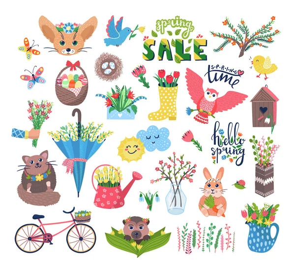 Mola bonito conjunto vetor ilustração, desenhos animados flores floridas planas, animais felizes ou personagens de pássaros em ícones conjunto birdhouse isolado no branco — Vetor de Stock