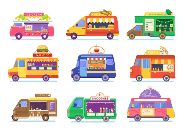 Street food truck set vector ilustración, van de dibujos animados venta de comida callejera china o pizza kebab en el mercado, iconos de café aislados en blanco — Vector de stock