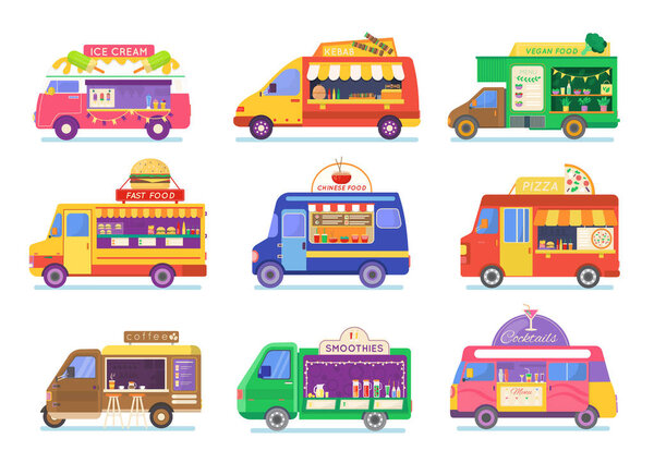 Street food truck set vector illustration, cartoon van selling Chinese streetfood or pizza kebab in market, coffee icons isolated on white