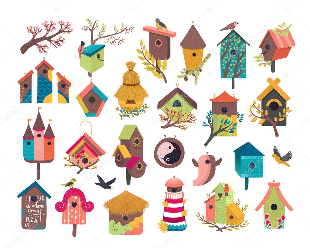 Decorative bird house vector illustration set, cartoon cute birdhouse for flying birds, cute birdbox flat icons isolated on white