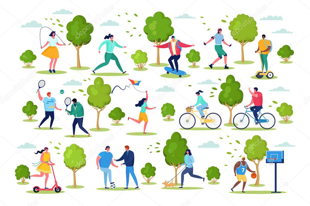 People in sport outdoor activity vector illustration, cartoon active flat characters have fun from healthy lifestyle set isolated on white