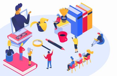 Isometric online iş eğitimi vektör illüstrasyonu, karikatür 3D küçük karakter eğitmeni beyaz üzerine izole edilmiş iş adamı öğrencileri eğitme