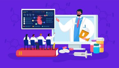 Tıbbi online seminer vektör illüstrasyonu, çizgi film düz küçük doktor insanlar eğitim mesafesi konferansı veya kursu, tıp eğitimi