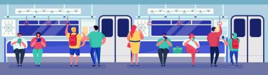 Metro taşımacılığındaki insanlar, vektör illüstrasyonunun içindeki metro treni, çizgi filmdeki yassı erkek kadın yolcu karakteri oturuyor, vagonda duruyor.