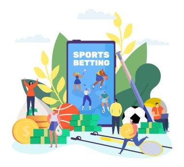 Spor bahisleri çevrimiçi vektör illüstrasyonu, çizgi filmlerdeki küçük insanlar beyazlara izole edilmiş akıllı telefon uygulaması kullanarak spor futbol müsabakalarına bahis oynuyorlar.
