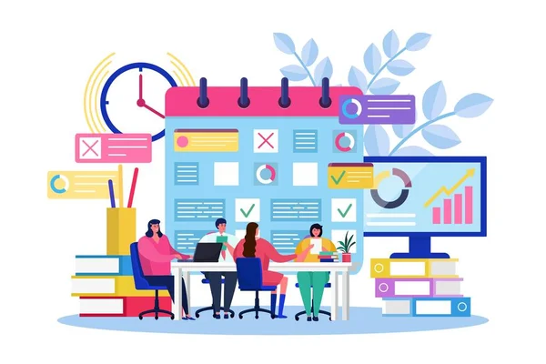 Business planning teamwork vector illustratie, cartoon kleine mensen ontmoeten, samen brainstormen, agenda strategie icoon geïsoleerd op wit — Stockvector