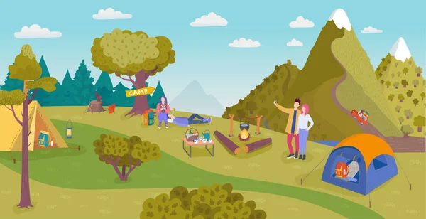 Camping en la naturaleza vector ilustración, la gente de dibujos animados se divierten en el campamento turístico forestal con tienda de campaña, fogata en el día de verano, turismo activo — Vector de stock