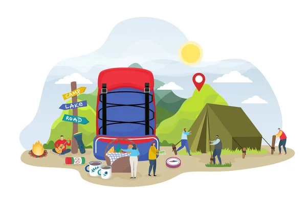Ilustración de camping turístico, gente pequeña de dibujos animados que prepara la tienda de campaña en el día de verano, mochilero naturaleza eco viaje icono aislado en blanco — Vector de stock