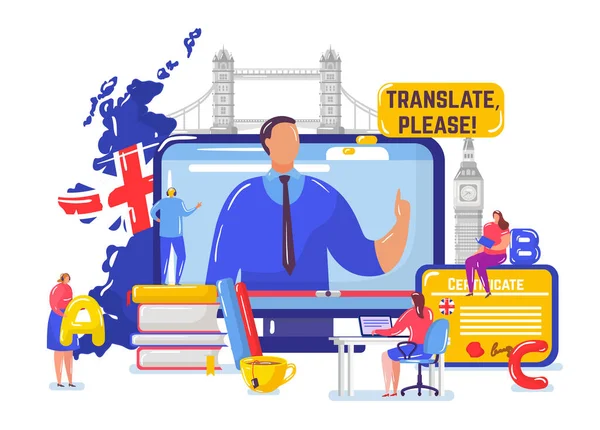 Μαθαίνοντας αγγλικά σε απευθείας σύνδεση διανυσματική απεικόνιση, κινούμενα σχέδια επίπεδη μικροσκοπική μαθητές μαθαίνουν αγγλικά σε απόσταση πορεία, εκπαίδευση που απομονώνονται σε λευκό — Διανυσματικό Αρχείο