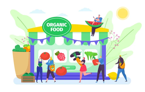 Compre online ilustração de vetor de comida orgânica, desenhos animados pessoas minúsculas comprando vegetais ou frutas fazenda produtos agrícolas isolados em branco — Vetor de Stock