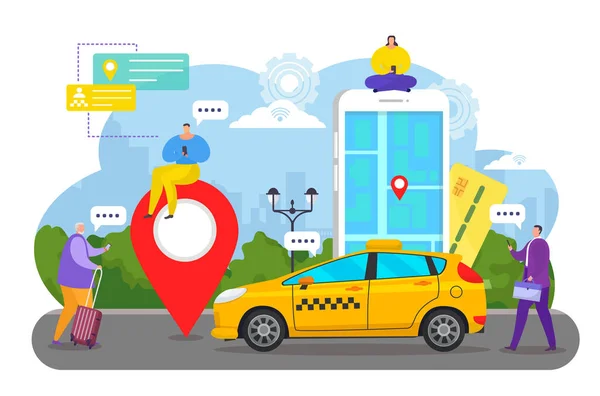 Ilustração de vetor de aplicativo de serviço de carro on-line, casal minúsculo de desenhos animados plana pessoas pedem táxi táxi usando smartphone, transporte de pedido móvel — Vetor de Stock