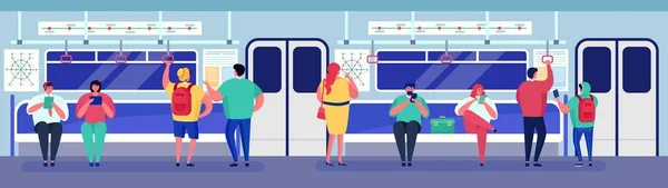 Orang-orang di kereta bawah tanah transportasi kereta api dalam ilustrasi vektor, karakter penumpang wanita rata kartun duduk, berdiri di gerobak - Stok Vektor