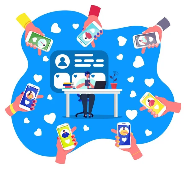 Social media marketing vector illustratie, cartoon handen met smartphone leuk online post van flat man blogger karakter geïsoleerd op wit — Stockvector